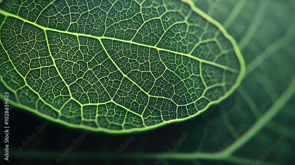 Poster close-up of a textured green leaf with intricate vein patterns.