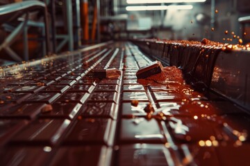 Obraz premium chocolate factory with gears, cogs, and molten chocolate flowing