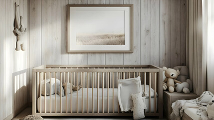 Cozy nursery with a wooden crib and soft decor elements.