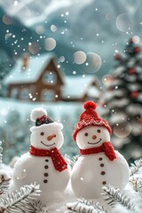 Obraz premium Two Snowmen with Red Hats and Scarves in a Snowy Winter Scene