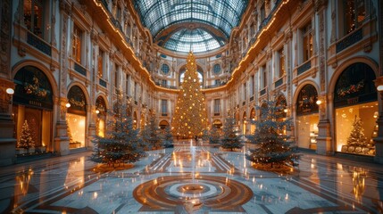 Naklejka premium A stunning Christmas display with a grand tree illuminated in a festive shopping gallery during winter magic. Generative AI