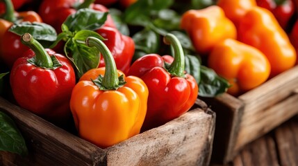 A collection of vibrant red and orange bell peppers arranged in rustic wooden crates, enhanced by bright green leaves, creating a natural and organic atmosphere.
