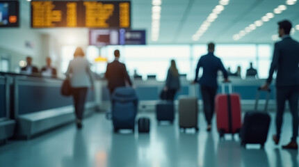 Blurred scene at the airport with passengers and luggage on the background of the flight board