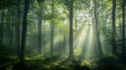 Sunlight streams through a dense, misty forest.