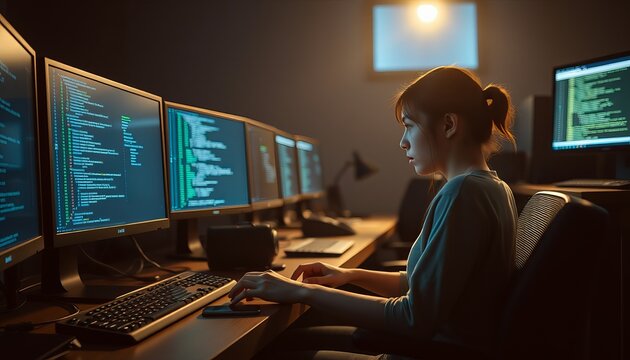 Woman coding in a dimly lit room with multiple computer screens showcasing data