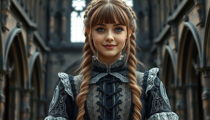 Fototapeta premium A young woman in a historic dress stands in a grand old cathedral