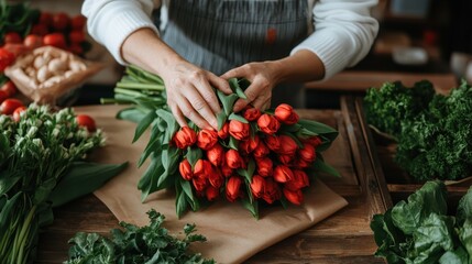 A florist skillfully arranges a bouquet of fresh red tulips amidst lush greens, illustrating artful creativity and craftsmanship in a lively market setting.