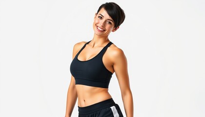 Obraz premium A young woman smiles confidently while demonstrating fitness attire for workouts
