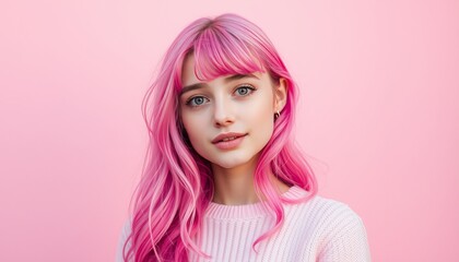Young woman with pink hair poses against a pastel pink background in daytime