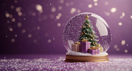 Festive 3D render of a Christmas snow globe with a green tree and gifts on purple background