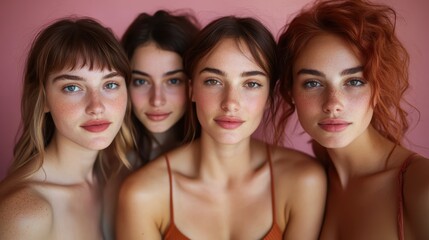 Four women showcasing unique hairstyles and gentle expressions. The image represents diversity and individuality within a harmonious and expressive gathering.