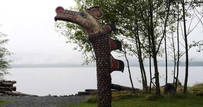 Totem pole at Potlatch Totem Park and Museum in Ketchikan, Alaska.