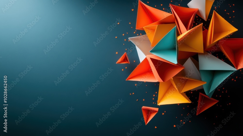 Poster an artistic display of 3d geometric shapes floating in space, capturing attention with their vibrant