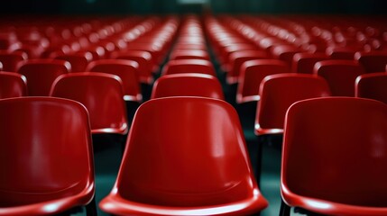Fototapeta premium A captivating scene of countless red chairs aligned uniformly, filling a vast auditorium. The repetition and perspective create a fascinating visual experience of symmetry.