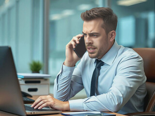 Obraz premium Frustrated and angry businessman talking on the mobile phone while checking information on the computer screen