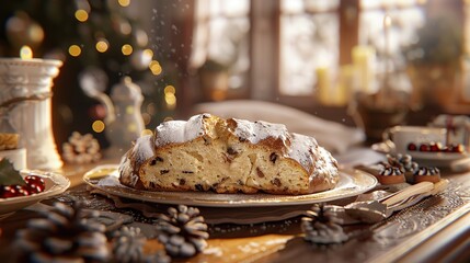 Fototapeta premium A freshly baked Christmas cake with powdered sugar dusted on top sits on a plate on a wooden table surrounded by holiday decor.