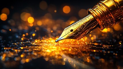 A golden fountain pen with a golden nib, writing on a black background with sparkling golden bokeh lights.