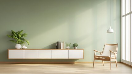 A serene, modern living area with green walls, a wooden chair, plants, and natural light.