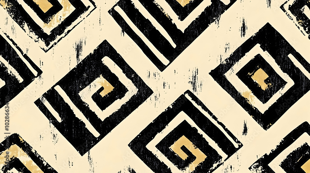 Poster abstract geometric pattern with spirals and squares in black and gold.