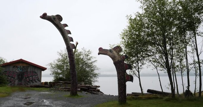 Totem pole at Potlatch Totem Park and Museum in Ketchikan, Alaska.