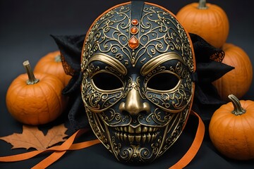 scary halloween mask close-up, halloween ghost costume with pumpkins