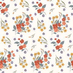 Seamless floral pattern, liberty ditsy print, abstract ornament of small hand drawn plants, red flowers, tiny branches, bouquets, leaves. Romantic botanical design in folk motif. Vector illustration.