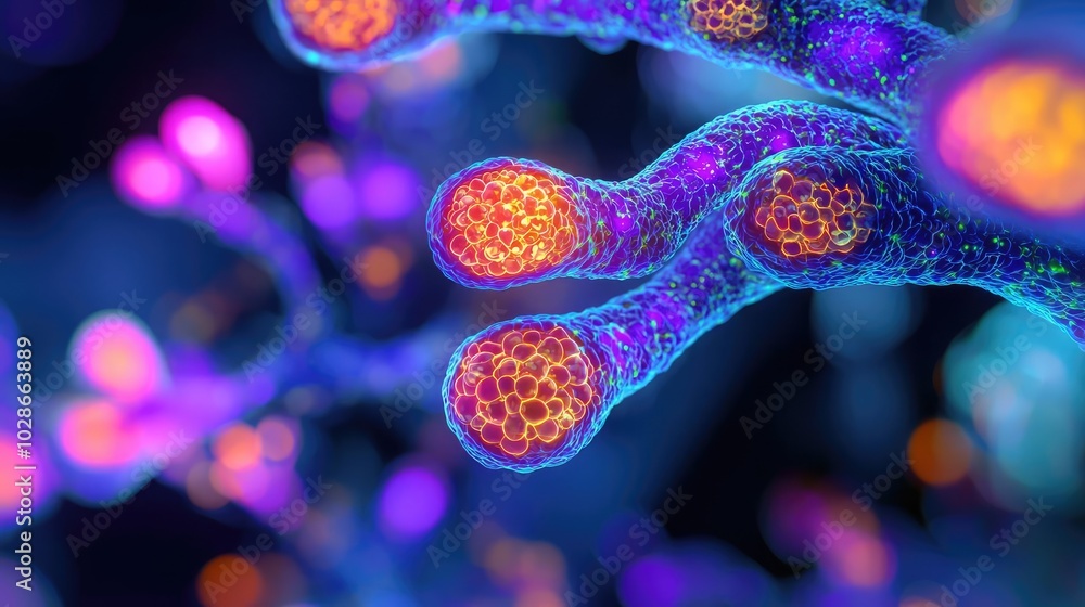 Poster abstract representation of microscopic cellular structures with vibrant colors.