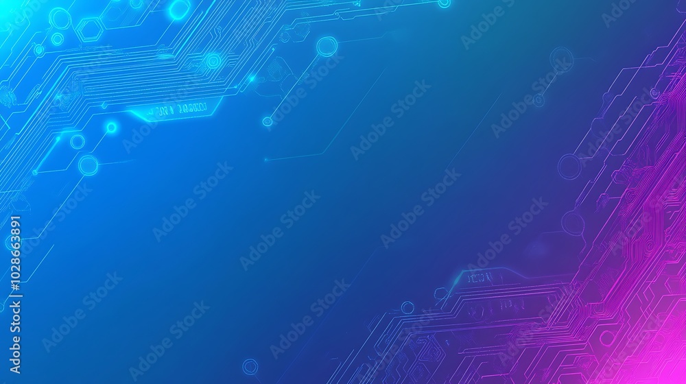 Poster abstract blue and purple circuit board background with glowing lines and circles.
