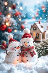 Two Snowmen Standing Together in a Snowy Winter Scene