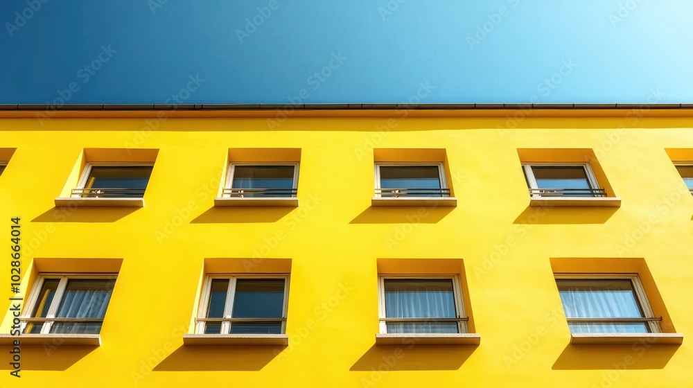 Poster a yellow building wall features square windows aligned perfectly, presenting a harmonious and orderl