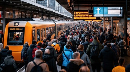 Crowded train platform with commuters waiting beside a yellow train in an urban station with overhead signs and modern architecture.