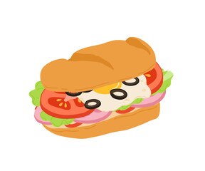 Sandwiches with Various Ingredients. Vector cartoon illustration of sub, sandwich, bagel, toast and burger with meat, cheese and vegetables.