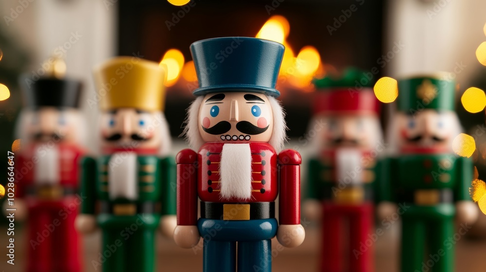 Poster a colorful group of nutcracker figures, each in different uniforms and sizes, arranged in front of a