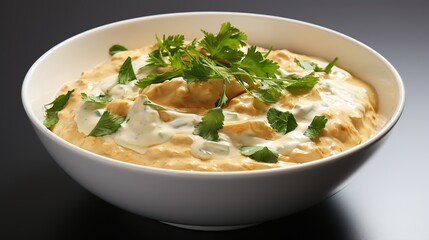 Creamy, yellow dip in a white bowl with fresh green herbs on top.