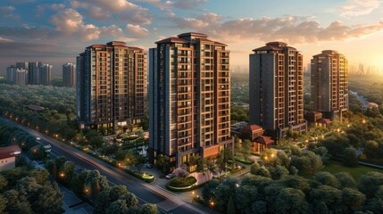 Fototapeta premium Modern urban skyline at sunset showcasing luxury apartments amidst lush greenery. Generative AI