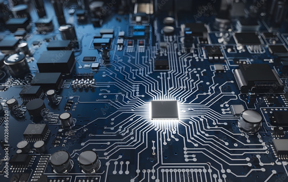 Aufkleber close-up of a microchip on a circuit board, symbolizing advanced technology and connectivity.