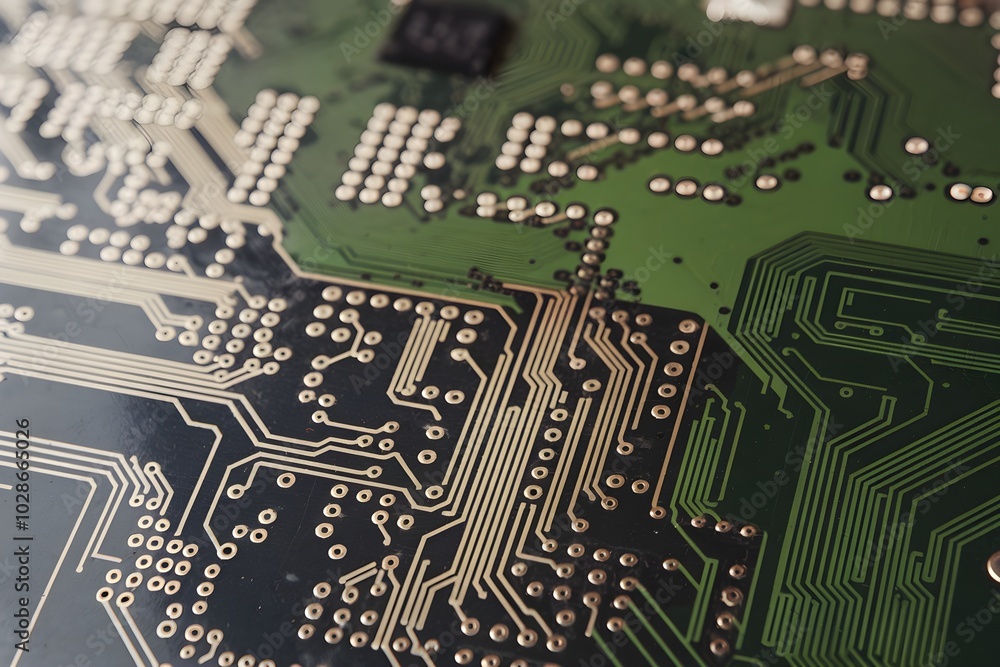 Poster close-up of a printed circuit board showing intricate pathways and components.