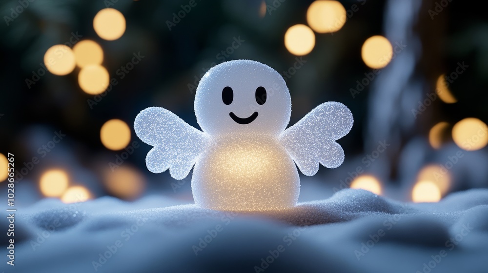 Poster A snowflake character with frosty wings and sparkling crystal limbs, gliding happily through a winter wonderland filled with glowing icicles and twinkling snow 