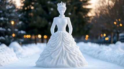A snow figure resembling a regal queen, with a detailed snow crown and flowing ice-sculpted gown, standing tall in a snowy courtyard under the moonlight 