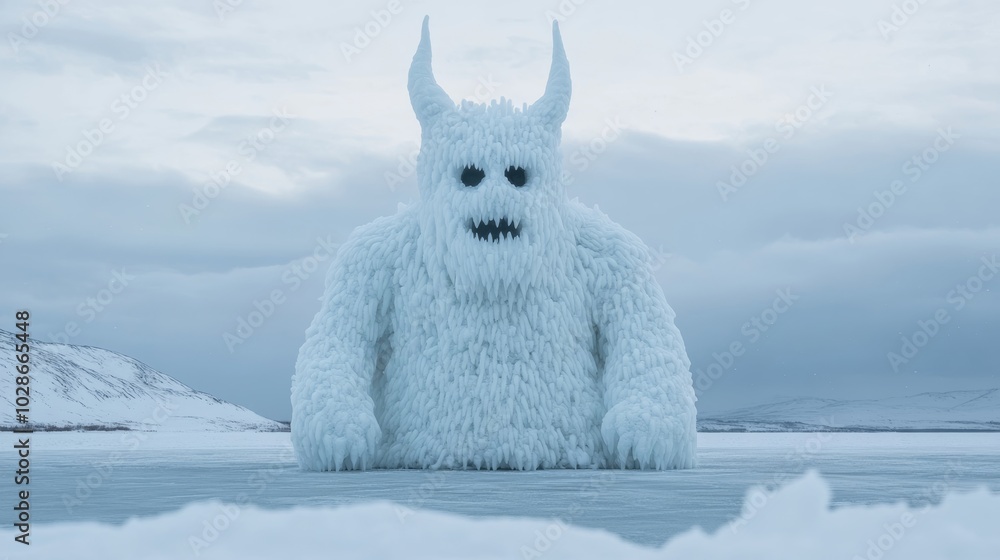 Canvas Prints A towering snow figure resembling a mythical creature, with horns and intricate icy details, standing in the middle of a frozen lake as snow softly falls around it 