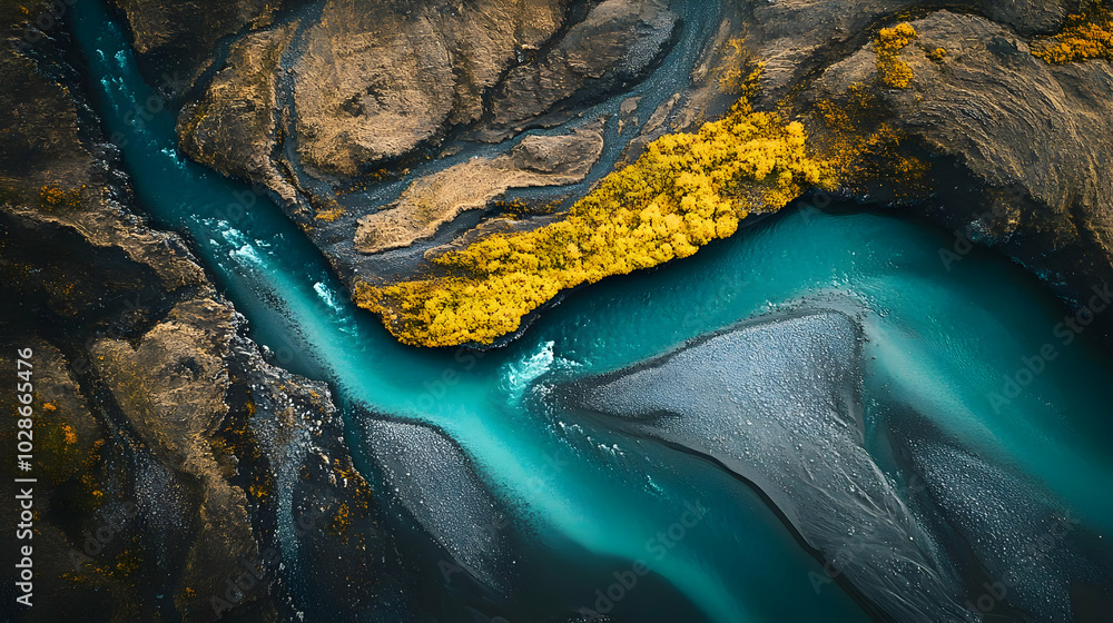 Poster Aerial view of a winding river through rugged terrain.