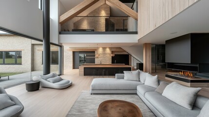 Modern open-plan living room with mezzanine, featuring large windows, sectional sofa, sleek fireplace, and minimalist kitchen with island and bar stools.