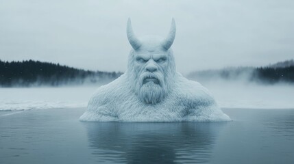 A towering snow figure resembling a mythical creature, with horns and intricate icy details, standing in the middle of a frozen lake as snow softly falls around it 