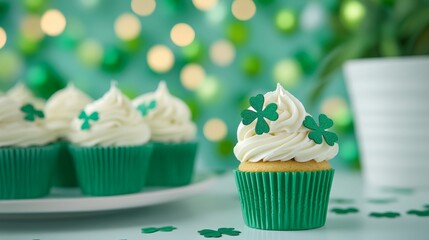 A vibrant St Patrick's Day party setup with green streamers, shamrock confetti, and a table filled with themed treats like green cupcakes and cookies 