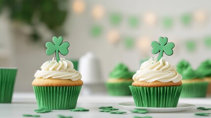 A vibrant St Patrick's Day party setup with green streamers, shamrock confetti, and a table filled with themed treats like green cupcakes and cookies