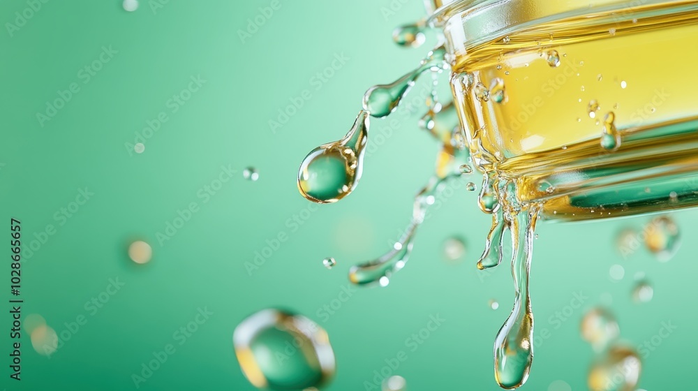 Poster an abstract image featuring droplets of liquid splashing with a dynamic motion against a gradient of