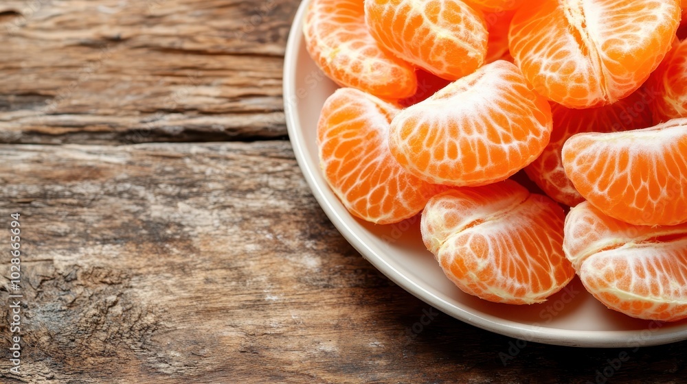 Poster a mouthwatering image of neatly arranged tangerine segments on a white plate, set on a rustic wooden