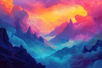 Surreal Mountain Landscape with Vibrant Sunset Clouds