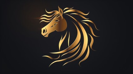 Fototapeta premium Elegant golden horse silhouette with flowing mane against a dark background at twilight. Generative AI