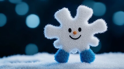 Fototapeta premium Cute snowflake character with a playful expression, delicate icy limbs, and glowing blue and white accents, floating through a magical winter sky 